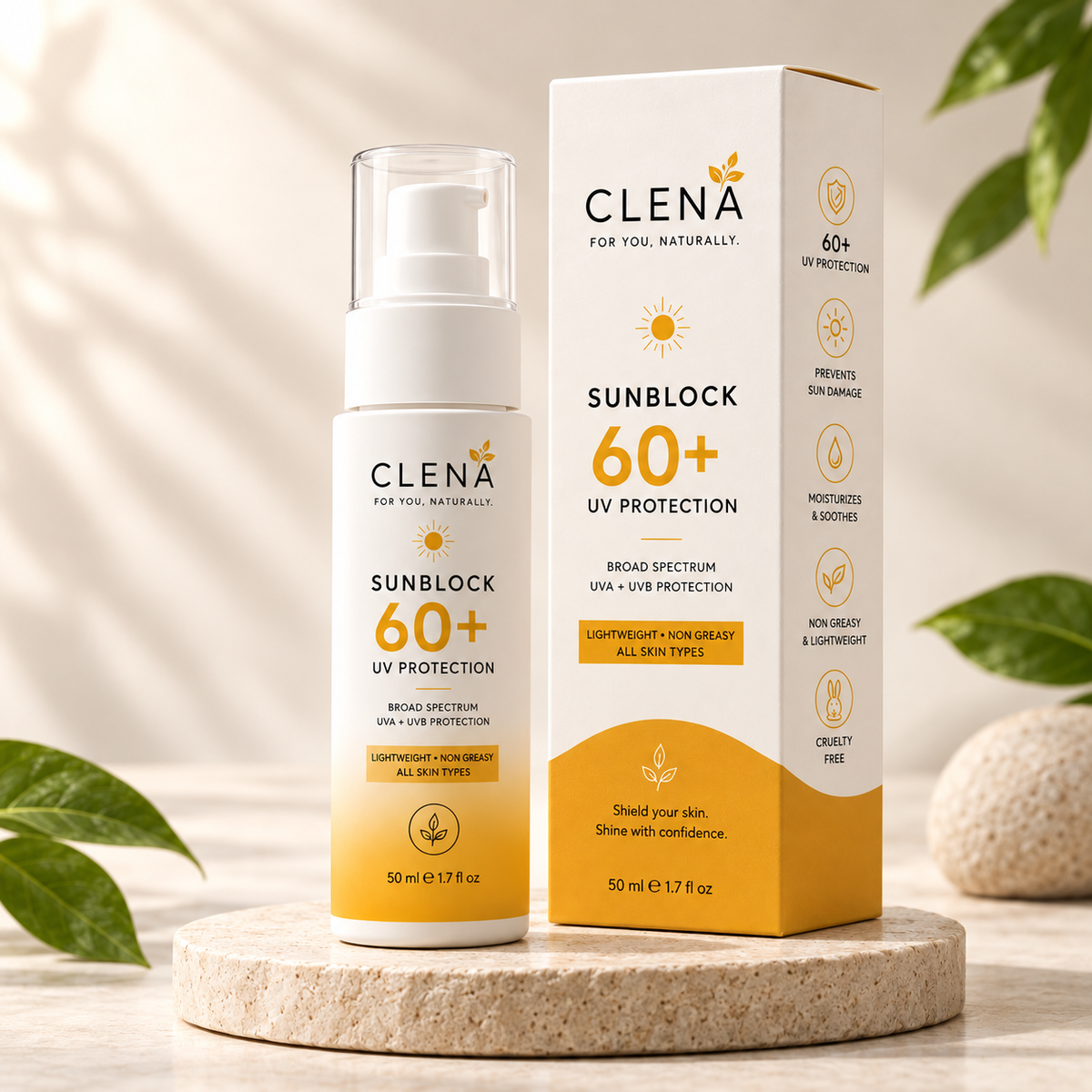 CLENÁ SUNBLOCK SPF 60+Powerful UV Protection for Younger-Looking, Healthy Skin